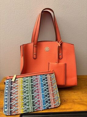 Anne Klein Coral Tote with Multicolor Woven Pouch